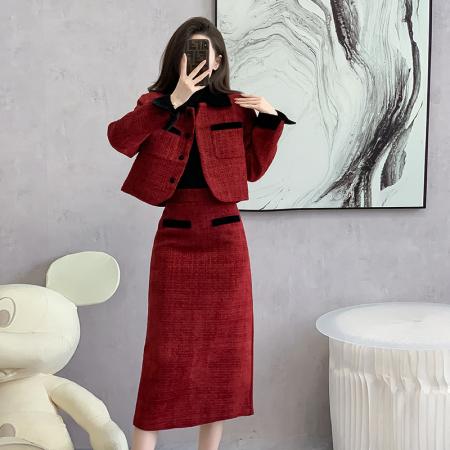 FA52070# 高个子秋冬季红色订婚小香风千金套装裙胖mm大码加长版大骨架穿搭  服裝批發女裝批發服飾貨源