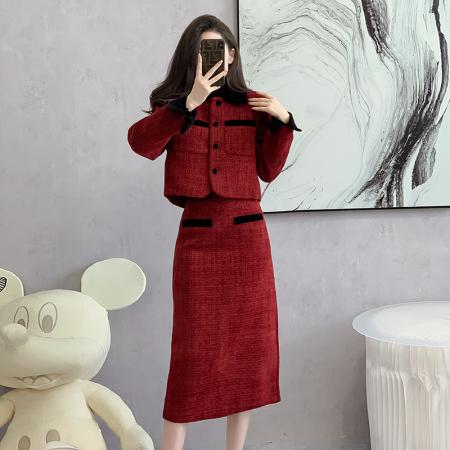 FA52070# 高个子秋冬季红色订婚小香风千金套装裙胖mm大码加长版大骨架穿搭  服裝批發女裝批發服飾貨源