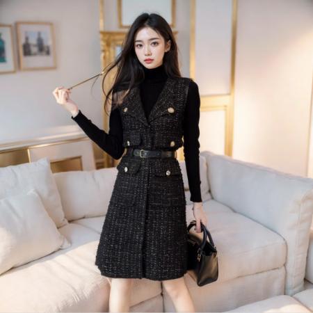 FA52071# 小香风连衣裙女早秋新款秋冬季穿搭一整套高级感两件套装裙  服裝批發女裝批發服飾貨源