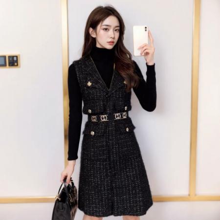 FA52071# 小香风连衣裙女早秋新款秋冬季穿搭一整套高级感两件套装裙  服裝批發女裝批發服飾貨源