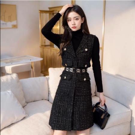 FA52071# 小香风连衣裙女早秋新款秋冬季穿搭一整套高级感两件套装裙  服裝批發女裝批發服飾貨源