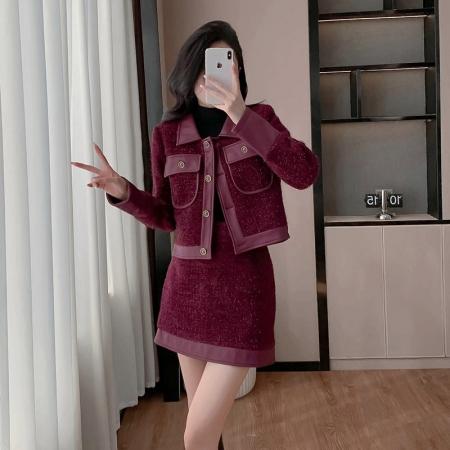 FA52072# 韩版设计感气质小香风两件套女装秋冬新款轻奢亮闪闪御姐外套短裙  服裝批發女裝批發服飾貨源