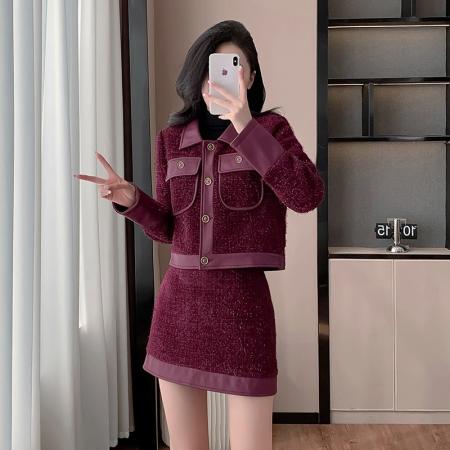 FA52072# 韩版设计感气质小香风两件套女装秋冬新款轻奢亮闪闪御姐外套短裙  服裝批發女裝批發服飾貨源