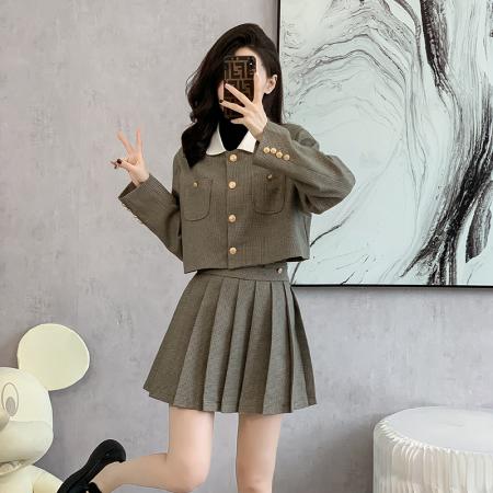 FA52073# 韩系学院风小香风百褶半身短裙两件套女秋季小个子时尚显瘦套装裙  服裝批發女裝批發服飾貨源
