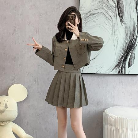 FA52073# 韩系学院风小香风百褶半身短裙两件套女秋季小个子时尚显瘦套装裙  服裝批發女裝批發服飾貨源