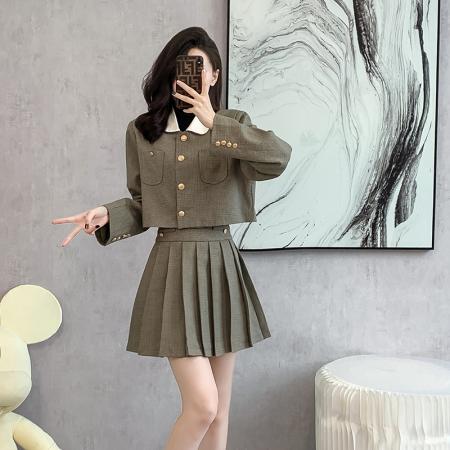 FA52073# 韩系学院风小香风百褶半身短裙两件套女秋季小个子时尚显瘦套装裙  服裝批發女裝批發服飾貨源