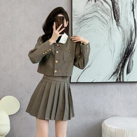 FA52073# 韩系学院风小香风百褶半身短裙两件套女秋季小个子时尚显瘦套装裙  服裝批發女裝批發服飾貨源