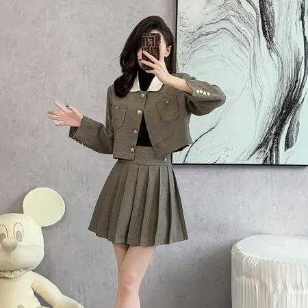 FA52073# 韩系学院风小香风百褶半身短裙两件套女秋季小个子时尚显瘦套装裙  服裝批發女裝批發服飾貨源