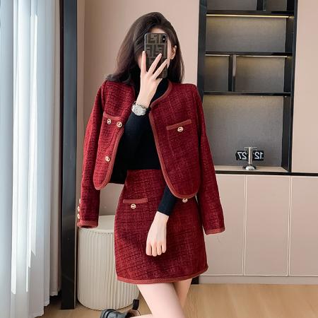 FA52074# 小香风外套秋装搭配一整套新款法式两件套气质粗花呢上衣半身裙  服裝批發女裝批發服飾貨源