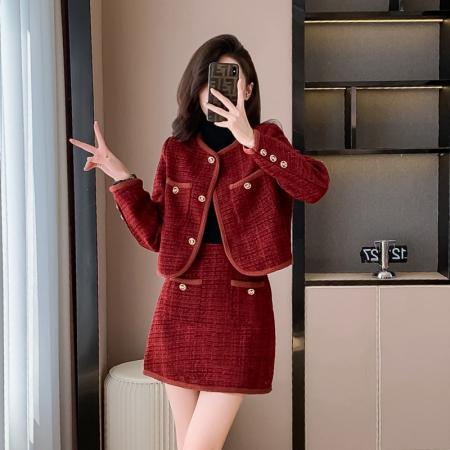 FA52074# 小香风外套秋装搭配一整套新款法式两件套气质粗花呢上衣半身裙  服裝批發女裝批發服飾貨源