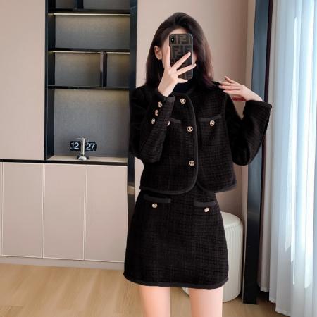 FA52074# 小香风外套秋装搭配一整套新款法式两件套气质粗花呢上衣半身裙  服裝批發女裝批發服飾貨源