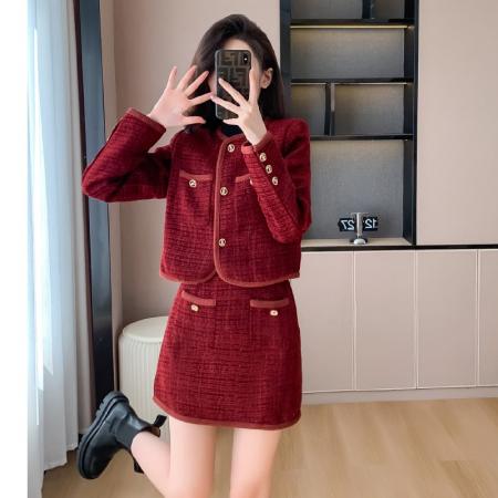 FA52074# 小香风外套秋装搭配一整套新款法式两件套气质粗花呢上衣半身裙  服裝批發女裝批發服飾貨源