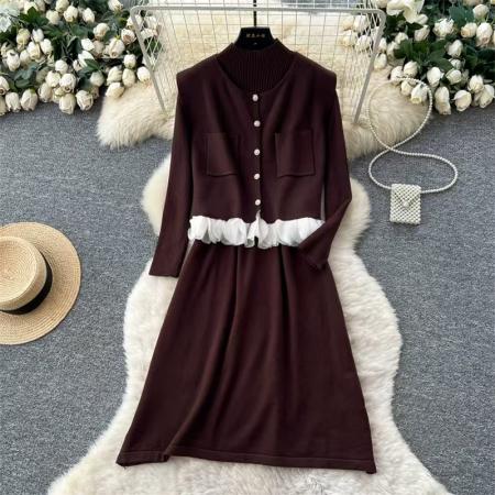 FA52075# 秋冬高级感名媛风两件套内搭收腰针织连衣裙+木耳边无袖马甲外套  服裝批發女裝批發服飾貨源