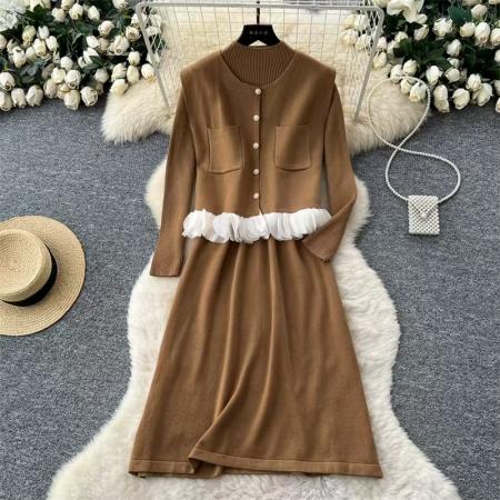 FA52075# 秋冬高级感名媛风两件套内搭收腰针织连衣裙+木耳边无袖马甲外套  服裝批發女裝批發服飾貨源