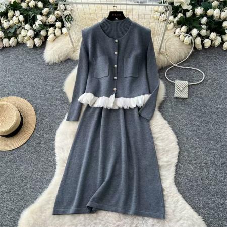 FA52075# 秋冬高级感名媛风两件套内搭收腰针织连衣裙+木耳边无袖马甲外套  服裝批發女裝批發服飾貨源