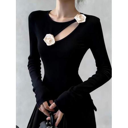 FA52077# 甜辣妹不规则立体花朵镂空春秋莫代尔打底衫内搭修身正肩上衣  服裝批發女裝批發服飾貨源