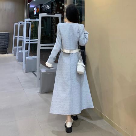 FA52078# 小香风蓝色名媛气质西装半裙两件套装秋季新款大码女装两件套  服裝批發女裝批發服飾貨源