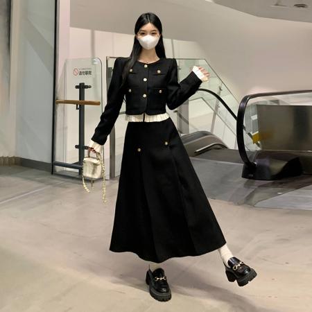 FA52078# 小香风蓝色名媛气质西装半裙两件套装秋季新款大码女装两件套  服裝批發女裝批發服飾貨源