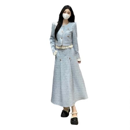 FA52078# 小香风蓝色名媛气质西装半裙两件套装秋季新款大码女装两件套  服裝批發女裝批發服飾貨源