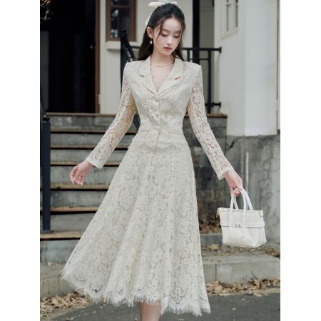 FA52079# 韩女约会纯欲温柔蕾丝上衣收腰大裙摆长裙套装  服裝批發女裝批發服飾貨源