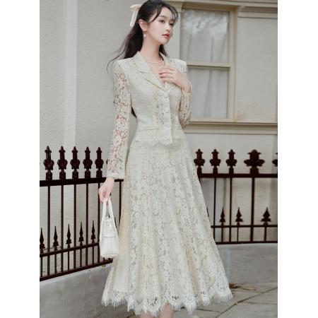 FA52079# 韩女约会纯欲温柔蕾丝上衣收腰大裙摆长裙套装  服裝批發女裝批發服飾貨源