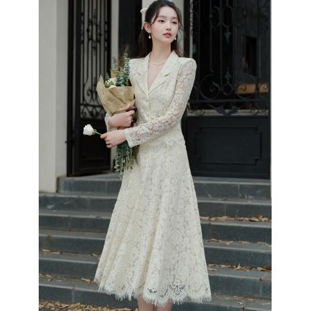 FA52079# 韩女约会纯欲温柔蕾丝上衣收腰大裙摆长裙套装  服裝批發女裝批發服飾貨源