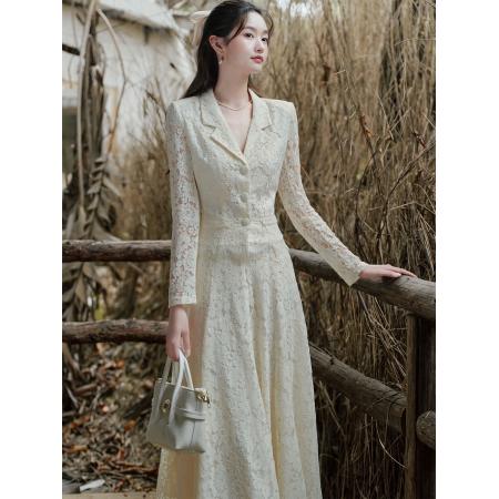 FA52079# 韩女约会纯欲温柔蕾丝上衣收腰大裙摆长裙套装  服裝批發女裝批發服飾貨源