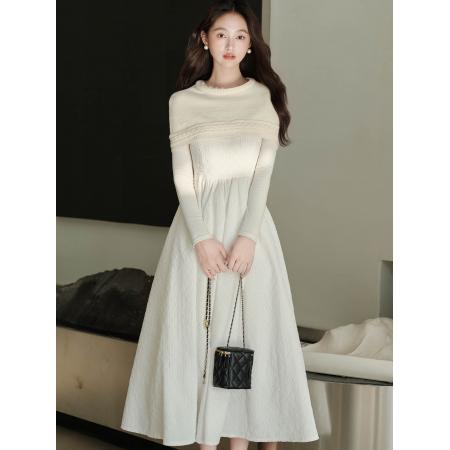 FA52080# 重工千金披肩小礼服针织拼接纱裙白色连衣裙  服裝批發女裝批發服飾貨源
