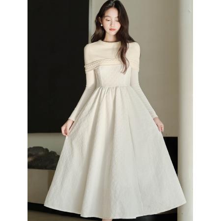 FA52080# 重工千金披肩小礼服针织拼接纱裙白色连衣裙  服裝批發女裝批發服飾貨源