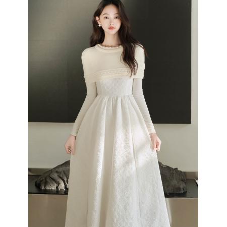 FA52080# 重工千金披肩小礼服针织拼接纱裙白色连衣裙  服裝批發女裝批發服飾貨源