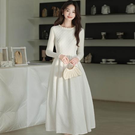 FA52080# 重工千金披肩小礼服针织拼接纱裙白色连衣裙  服裝批發女裝批發服飾貨源