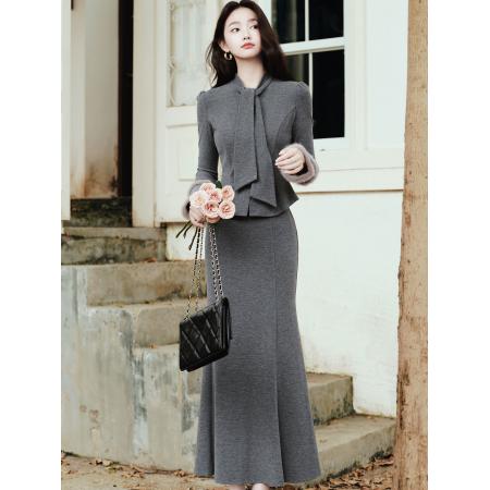 FA52082# 富家千金感套装针织修身开衫鱼尾半身裙大方得体穿搭两件套冬  服裝批發女裝批發服飾貨源