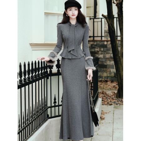 FA52082# 富家千金感套装针织修身开衫鱼尾半身裙大方得体穿搭两件套冬  服裝批發女裝批發服飾貨源