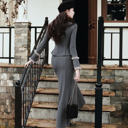 FA52082# 富家千金感套装针织修身开衫鱼尾半身裙大方得体穿搭两件套冬  服裝批發女裝批發服飾貨源