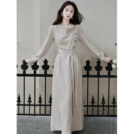 FA52083# 贰羊设计暮云归高级感长袖斜门襟连衣裙女秋知识分子风收腰裙  服裝批發女裝批發服飾貨源