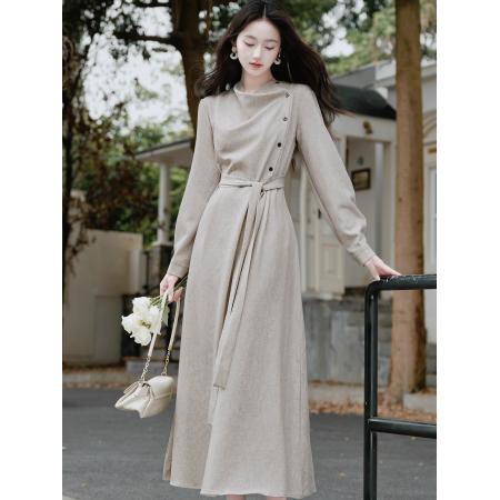 FA52083# 贰羊设计暮云归高级感长袖斜门襟连衣裙女秋知识分子风收腰裙  服裝批發女裝批發服飾貨源