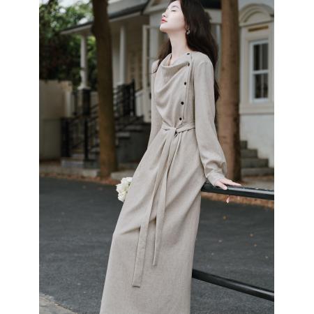 FA52083# 贰羊设计暮云归高级感长袖斜门襟连衣裙女秋知识分子风收腰裙  服裝批發女裝批發服飾貨源