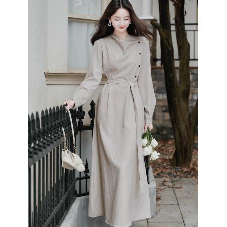 FA52083# 贰羊设计暮云归高级感长袖斜门襟连衣裙女秋知识分子风收腰裙  服裝批發女裝批發服飾貨源