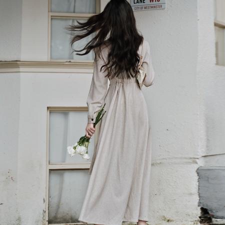 FA52083# 贰羊设计暮云归高级感长袖斜门襟连衣裙女秋知识分子风收腰裙  服裝批發女裝批發服飾貨源