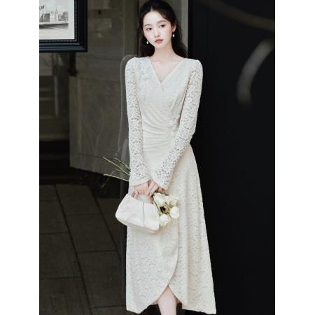 FA52084# 贾加厚蕾丝刺绣褶皱弹力收腰气质连衣裙女  服裝批發女裝批發服飾貨源