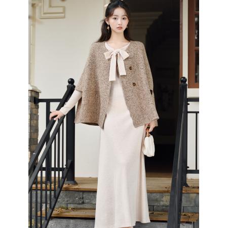 FA52085# 新款氛围感复古气质斗篷大衣宽松小香风外套针织连衣裙  服裝批發女裝批發服飾貨源