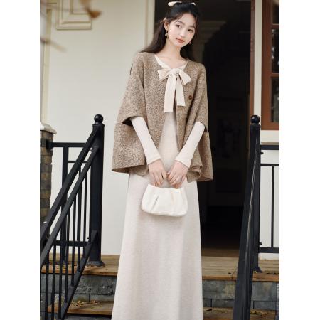 FA52085# 新款氛围感复古气质斗篷大衣宽松小香风外套针织连衣裙  服裝批發女裝批發服飾貨源