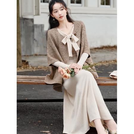 FA52085# 新款氛围感复古气质斗篷大衣宽松小香风外套针织连衣裙  服裝批發女裝批發服飾貨源