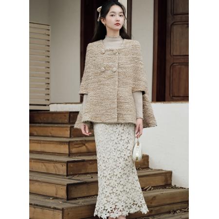 FA52086# 斗篷女冬季法式重工花纱披肩短款外套+重工镂空蕾丝鱼尾半身裙  服裝批發女裝批發服飾貨源