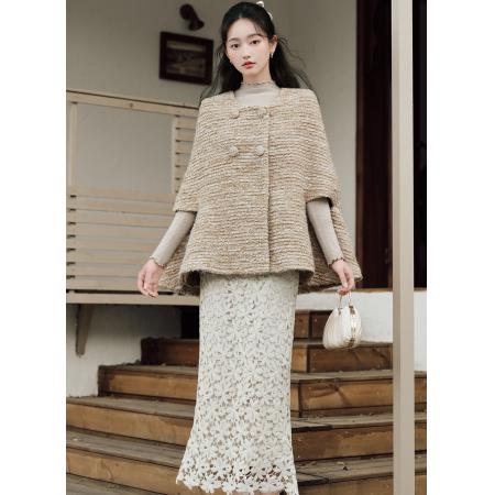 FA52086# 斗篷女冬季法式重工花纱披肩短款外套+重工镂空蕾丝鱼尾半身裙  服裝批發女裝批發服飾貨源