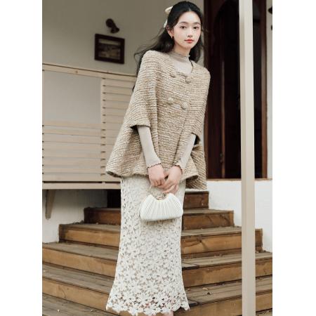 FA52086# 斗篷女冬季法式重工花纱披肩短款外套+重工镂空蕾丝鱼尾半身裙  服裝批發女裝批發服飾貨源