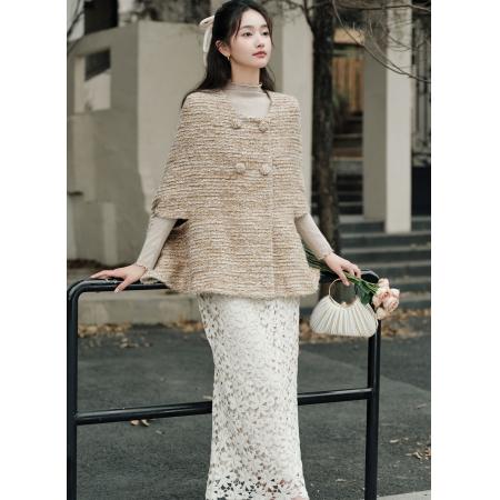 FA52086# 斗篷女冬季法式重工花纱披肩短款外套+重工镂空蕾丝鱼尾半身裙  服裝批發女裝批發服飾貨源