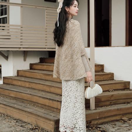 FA52086# 斗篷女冬季法式重工花纱披肩短款外套+重工镂空蕾丝鱼尾半身裙  服裝批發女裝批發服飾貨源