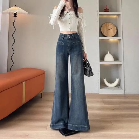 FA52087# 韩版复古高腰阔腿牛仔裤女春季新款宽松显瘦直筒喇叭拖地裤  服裝批發女裝批發服飾貨源