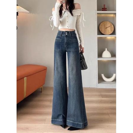 FA52087# 韩版复古高腰阔腿牛仔裤女春季新款宽松显瘦直筒喇叭拖地裤  服裝批發女裝批發服飾貨源
